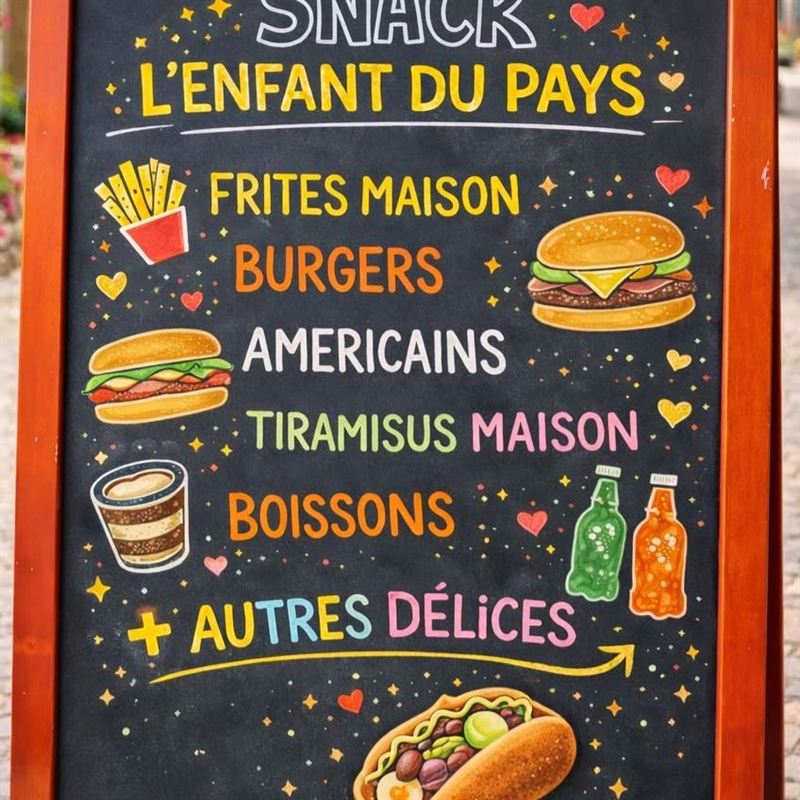 Ardoise du snack : frites maison, burgers, américains, tiramisus maison, boissons