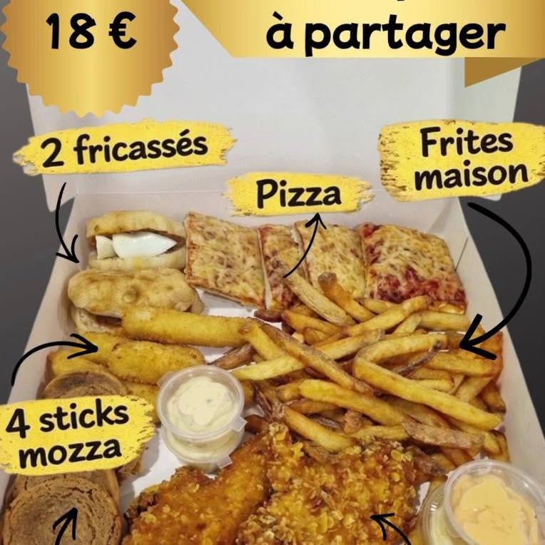 Box apéro à partager : panisses, fricassés, pizza, mozza sticks et frites maison
