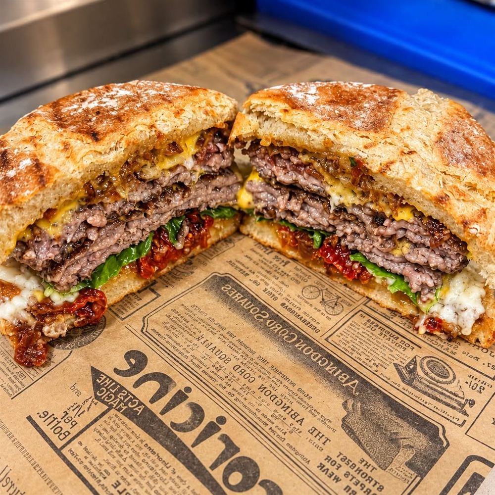 Burger double steak coupé en deux, posé sur du papier journal