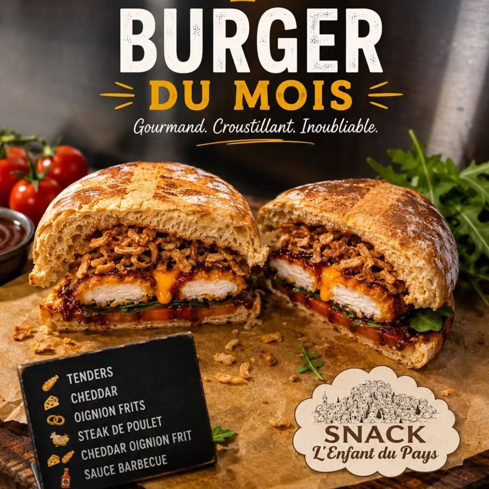 Burger au poulet croustillant coupé en deux avec oignons frits