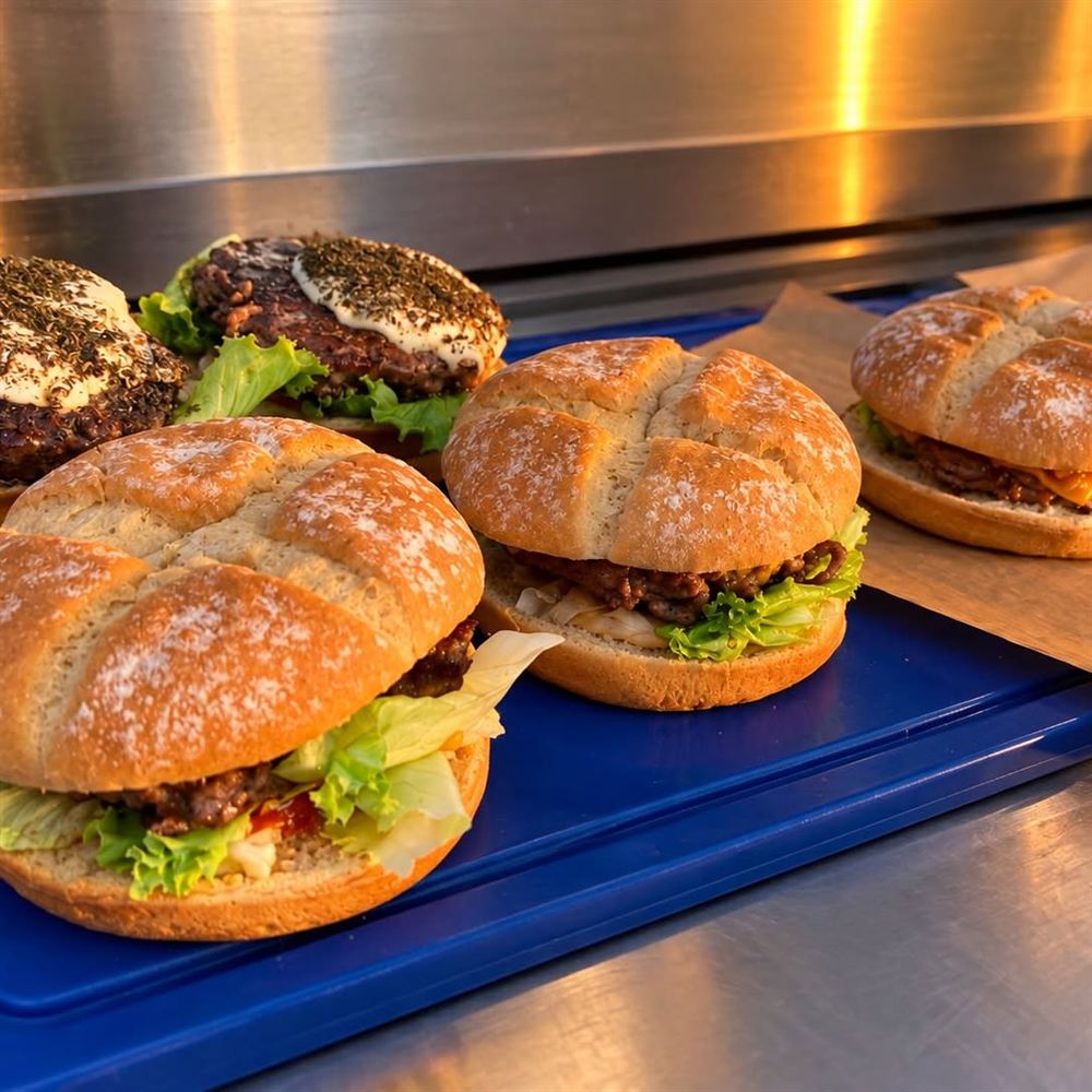 Trois burgers sur un plateau bleu