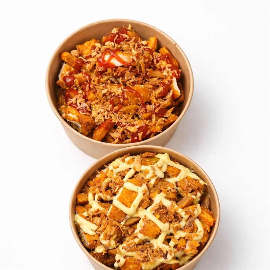 Deux pots kraft de frites garnies