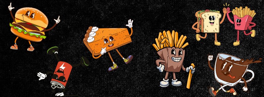 Les mascottes du snack : burger, tranche de pain de mie, frites et tasse de café