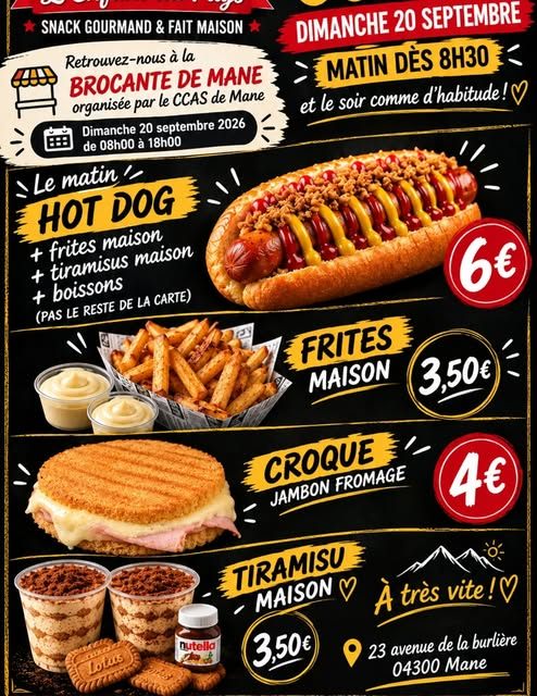 Affiche : le snack à la brocante de Mane, dimanche 20 septembre