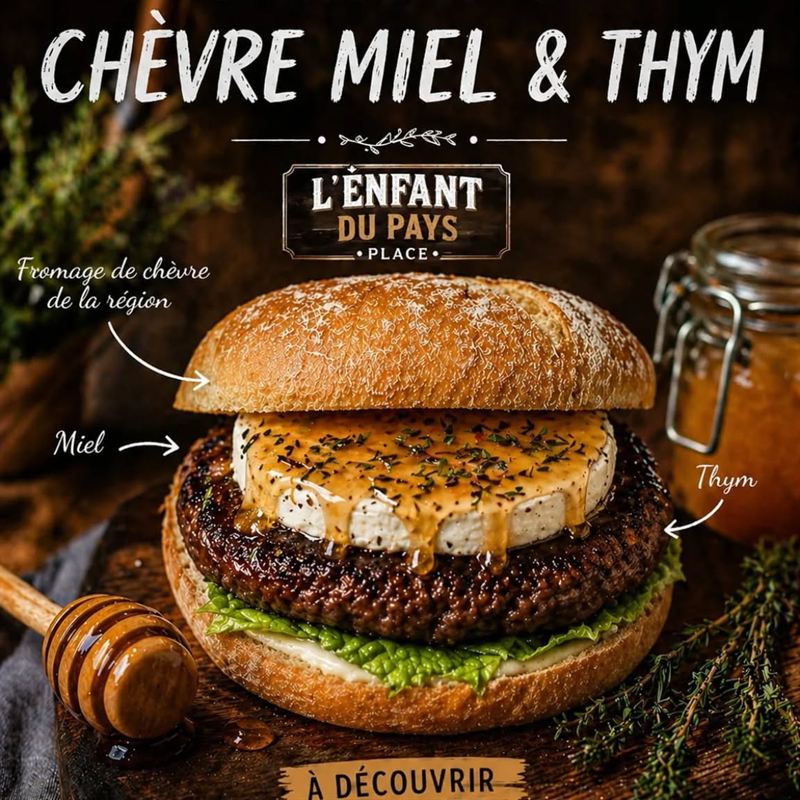 Affiche du burger chèvre, miel et thym