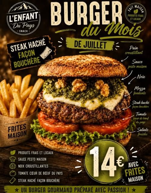Affiche du burger du mois de juillet : steak haché, pesto maison, noix croustillantes