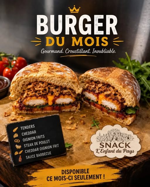 Affiche du burger du mois de juin : tenders, cheddar, oignons frits